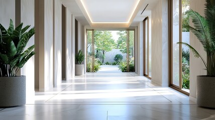 Fototapeta premium Bright and modern hallway with large windows, abundant natural light, and greenery creating a serene atmosphere.