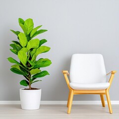 A photostock images of a minimalist living room with light wood furniture, neutral decor, and an indoor plant for greenery