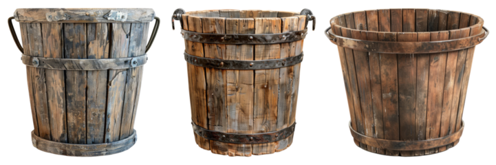 Old wooden bucket isolated on transparent background