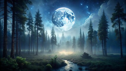 Fototapeta premium Enchanted Forest Underneath a Full Moon and a Sky of Stars
