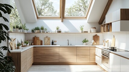Bright modern kitchen featuring wooden cabinets, natural light, and green plants, perfect for cooking and entertaining.