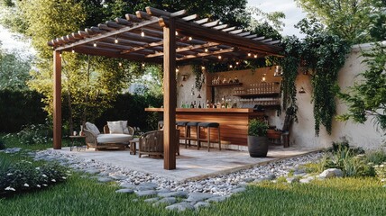Naklejka premium Charming outdoor patio with wooden pergola, cozy seating, and lush greenery, perfect for relaxation and gatherings.