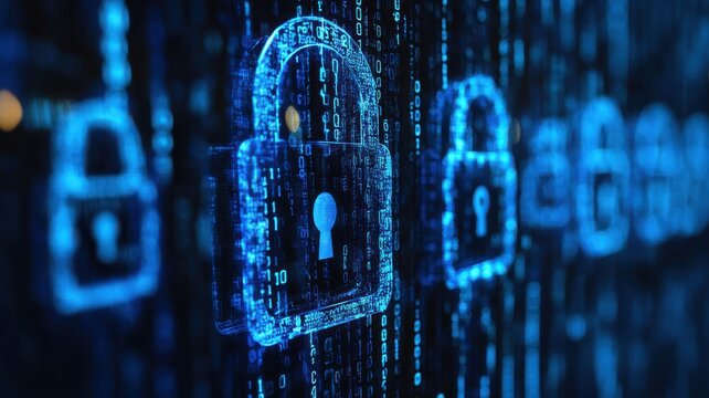 Digital padlocks over a binary code background, symbolizing cybersecurity.