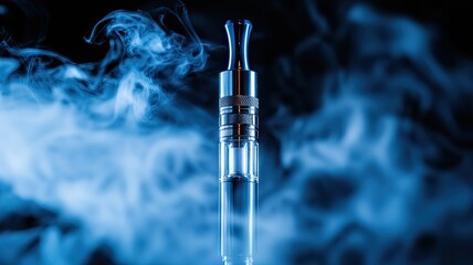 Close-up of a vape device emitting vapor, showcasing modern vaping technology against a dark background.
