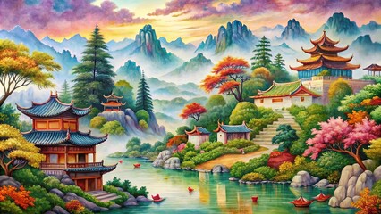 Obraz premium Serene Pagoda Landscape, Tranquil River Flowing Through Verdant Hills, Boats Drifting on the Water