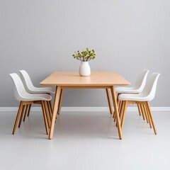 A photostock images of a bright dining space with a wooden table and neutral-toned chairs, set in a minimalist decor
