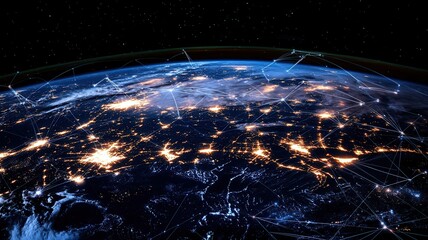 Obraz premium Earth from space, illuminated cities, and network connections at night.
