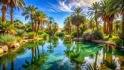 Obraz premium Palm Trees Reflecting in a Tranquil Oasis Pool