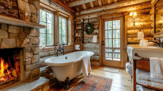 Cozy cabin bathroom featuring a vintage tub, rustic decor, and a charming fireplace, perfect for relaxation and comfort.