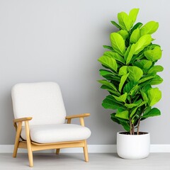 A photostock images of a stylish living room with light wood furniture, neutral tones, and a large indoor plant