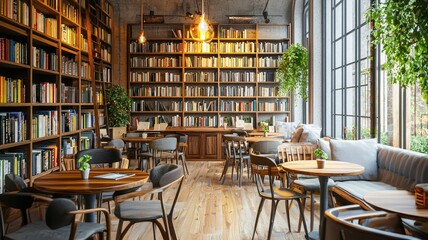 Cozy library cafe with wooden furniture, bookshelves, and warm lighting, perfect for reading and relaxation.