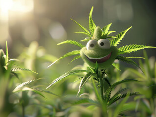 cannibis buds with a happy realistic face on a cannibis plant . AI generative.