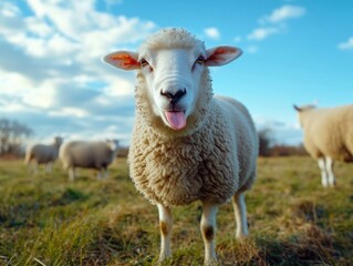 Sheep with tongue out in a field