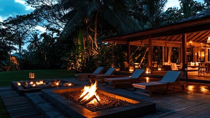 Cozy outdoor scene featuring a crackling fire, surrounded by elegant loungers and tropical foliage during a serene evening.