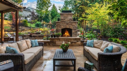 Obraz premium Cozy outdoor living space with comfortable seating, stone fireplace, and lush greenery, perfect for relaxation and gatherings.