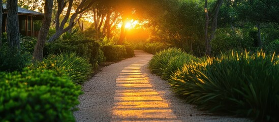 Obraz premium Sun shining through trees on a stone pathway.