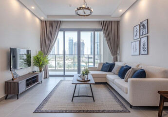 Fototapeta premium Modern and contemporary living room in Dubai, with large windows offering a view of the sea. The room features a beige sofa with blue accents. Created with Ai
