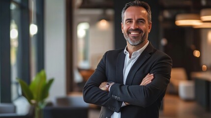 Fototapeta premium A confident businessman with arms crossed smiles for the camera in a modern office setting.