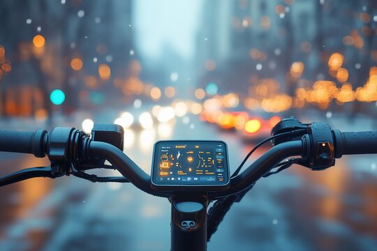 First-person view of an electric bicycle riding through a city in the snow, with a digital display showing the speed and battery level.