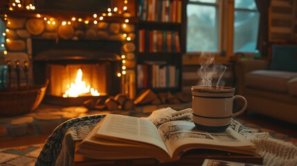 A cozy living room scene with coffee an open book and glowing fireplace