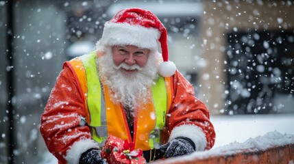 Festive Santa Claus Ensuring Safety in High-Visibility Jacket on Snowy Rooftop Delivery During Holidays
