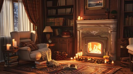 Fototapeta premium A cozy living room with coffee novel and plush armchair beside glowing fireplace