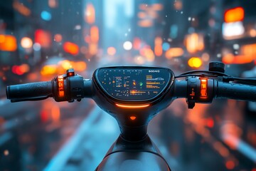First-person view of an electric scooter with a digital dashboard, driving through a city at night.