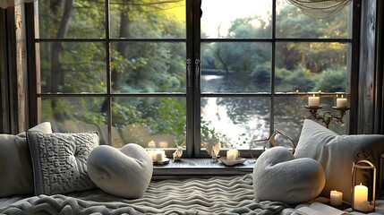 A cozy nook with heart shaped pillows soft throw and a window view of nature outside