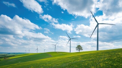 Wind turbines on a green hill under a bright blue sky.