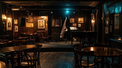 Dimly lit jazz bar with wooden tables, chairs, and a stage with a grand piano.  The walls are adorned with framed artwork.