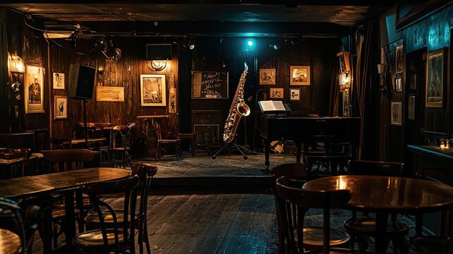 Dimly lit jazz bar with wooden tables, chairs, and a stage with a grand piano.  The walls are adorned with framed artwork.