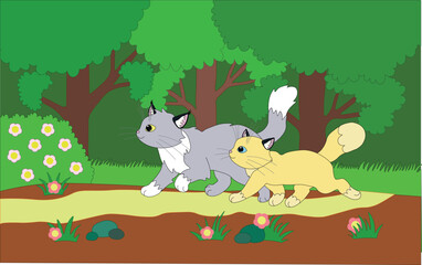 beige and grey cat running along path through dense green forest