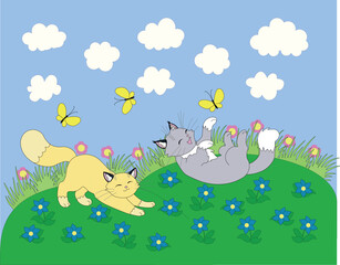 beige and gray cat are happy, resting, playing on a summer meadow with butterflies and flowers