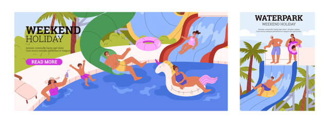 A vector banners with scenes in a water park with people enjoying water slides