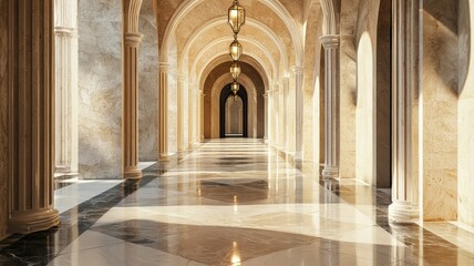 Obraz premium Elegant corridor with arches and polished floor, adorned with beautiful lights creating a serene atmosphere.