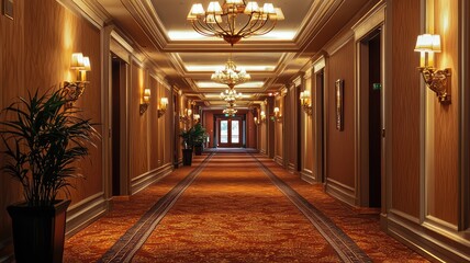 Elegant hotel corridor featuring warm lighting, stylish decor, and plush carpeting, perfect for luxury and hospitality concepts.