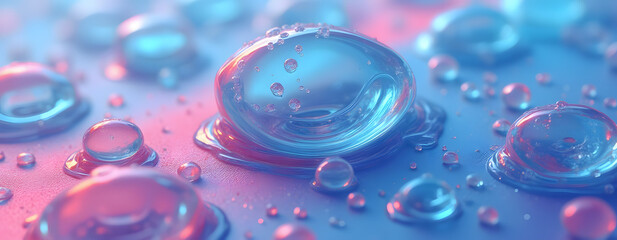 Close-up of water droplets on a surface with a gradient of blue and pink colors creating an abstract visual effect, background