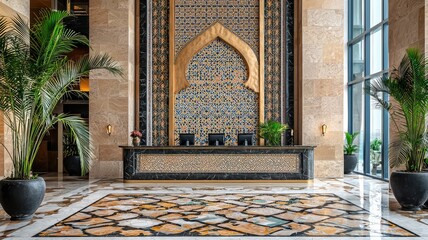 Elegant hotel lobby featuring intricate patterns, lush plants, and a stunning reception area for a luxurious experience.