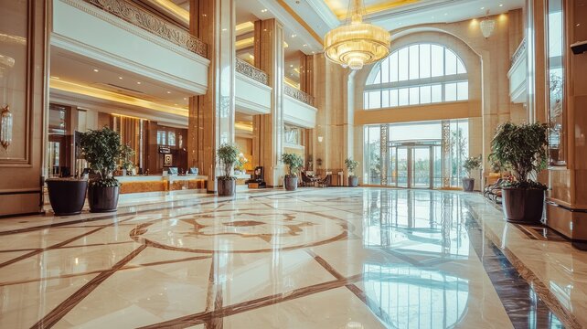 Elegant hotel lobby featuring luxurious decor, polished marble floors, and modern lighting for a welcoming atmosphere.