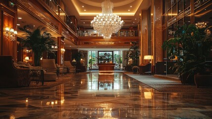 Obraz premium Elegant hotel lobby featuring plush seating, marble floors, and a stunning chandelier, creating a luxurious ambiance.