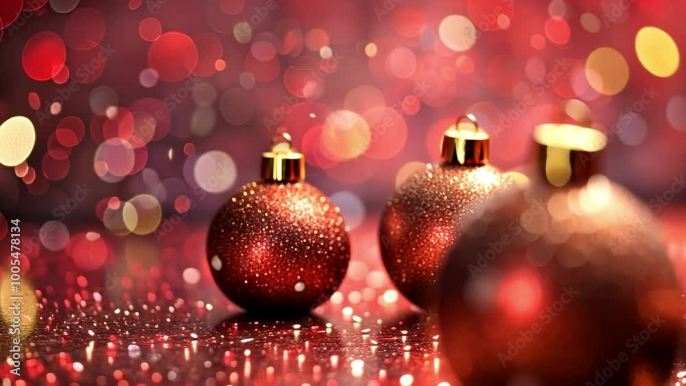 Poster a collection of shiny red and gold christmas ornaments sits on a glittering surface, creating a warm