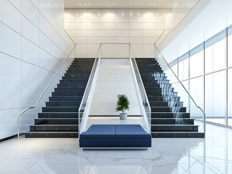 A modern staircase in an office building with white walls and black marble steps, accented by navy blue seating for comfortable relaxation. Created with Ai