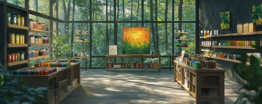 An environmentally friendly art supply store offering products like biodegradable canvases and non-toxic paints, with a recycling program for used supplies