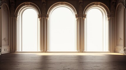 Naklejka premium Elegant interior with arched windows illuminating a spacious room, showcasing classic architecture and natural light.