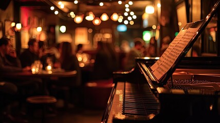 Elegant jazz piano in a cozy bar ambiance, with warm lighting and lively patrons enjoying a night of music and conversation.
