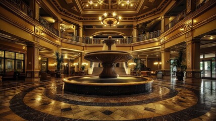 Elegant lobby featuring a grand fountain, luxurious decor, and warm ambient lighting, creating a welcoming atmosphere.