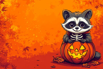 Adorable cartoon raccoon in skeleton costume sitting on pumpkin with cheerful expression, surrounded by autumn leaves. Perfect for Halloween themes
