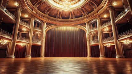 Obraz premium Elegant theater interior showcasing a grand stage, opulent chandeliers, and rich wooden flooring, perfect for performance themes.