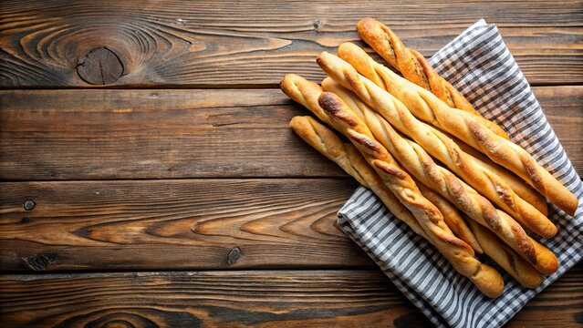 Crispy Bread Sticks on Checkered Cloth on Rustic Wood