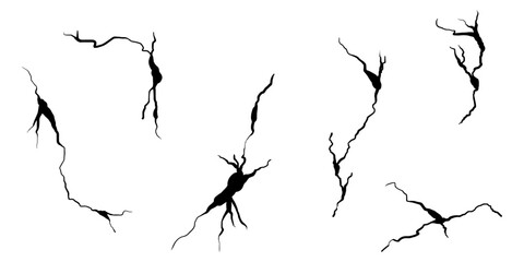 Hand drawn cracked wall, ground, glass, egg. doodle break set. vector illustration